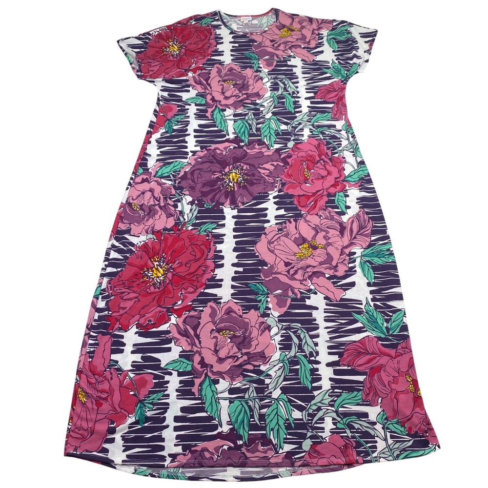 LuLaRoe Maria Maxi Dress Womens 3XL Pink Purple Floral Striped Short Sleeve